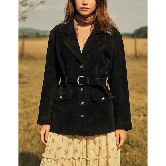 Y2K Vintage Boho Black Suede Belted Jacket Genuine Leather - Picture 12 of 12